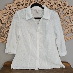 White Cotton Floral Eylette Shirt 3/4 Sleeve Large 14W